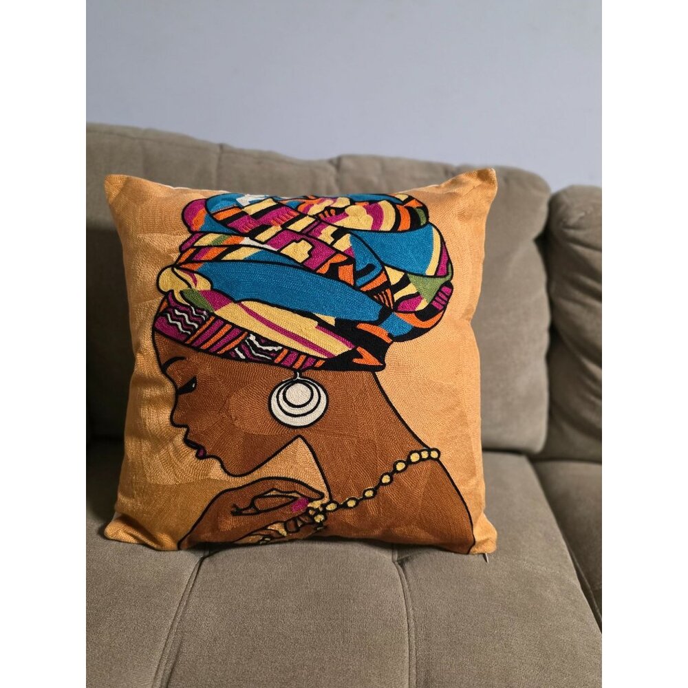 Handmade Embroidered Pillow Cover – African Woman in Colorful Headwrap, Boho Afr